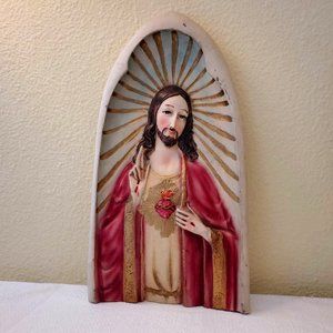 Vintage Plaster Sacred Heart of Jesus Wall Art Crucifix